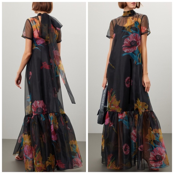 STAUD Dresses & Skirts - STAUD Calluna First Bloom Black Floral Maxi Dress Gown Organza Tie Size Small